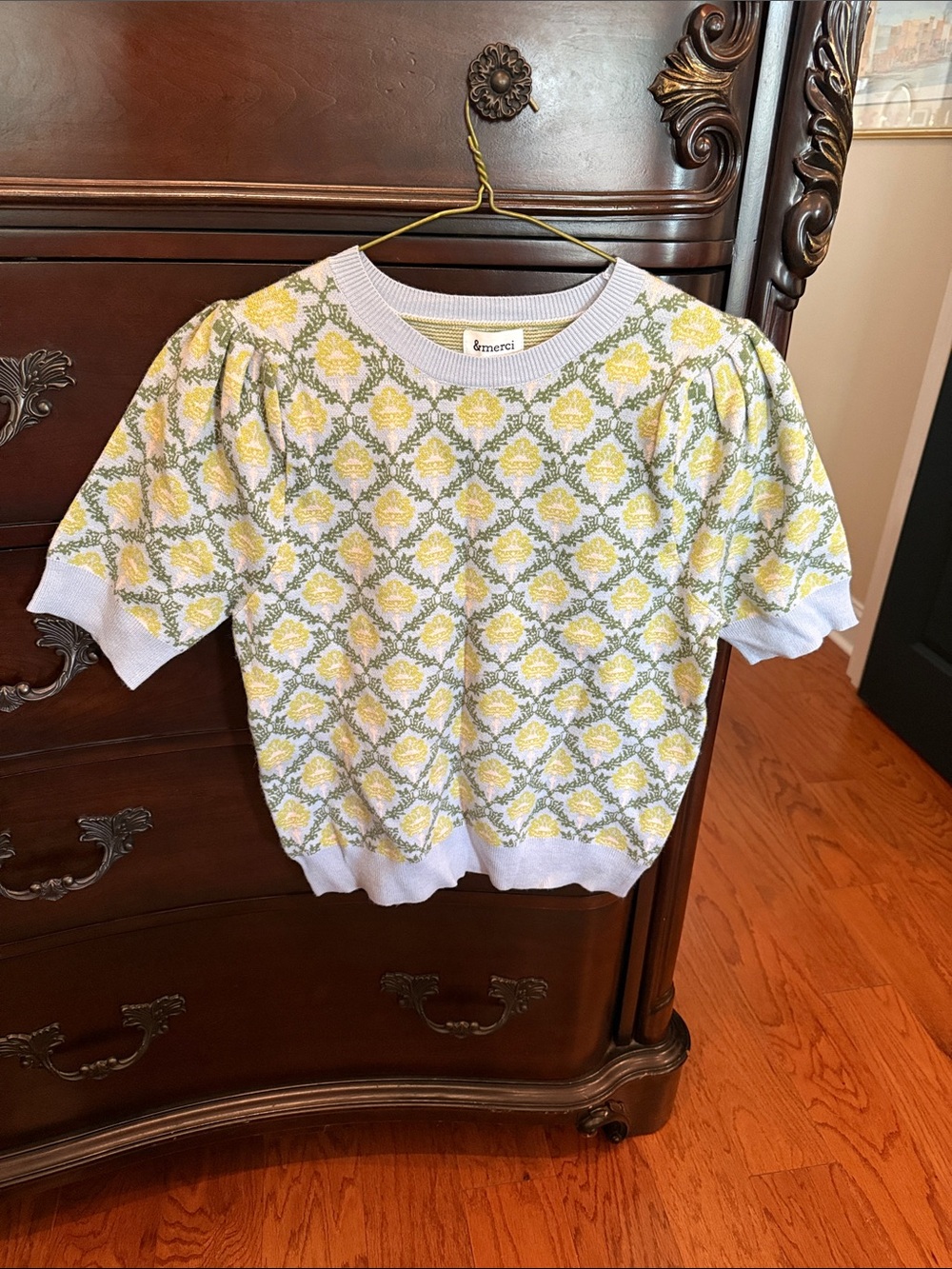 &merci Yellow Floral Knit Short Sleeve Sweater